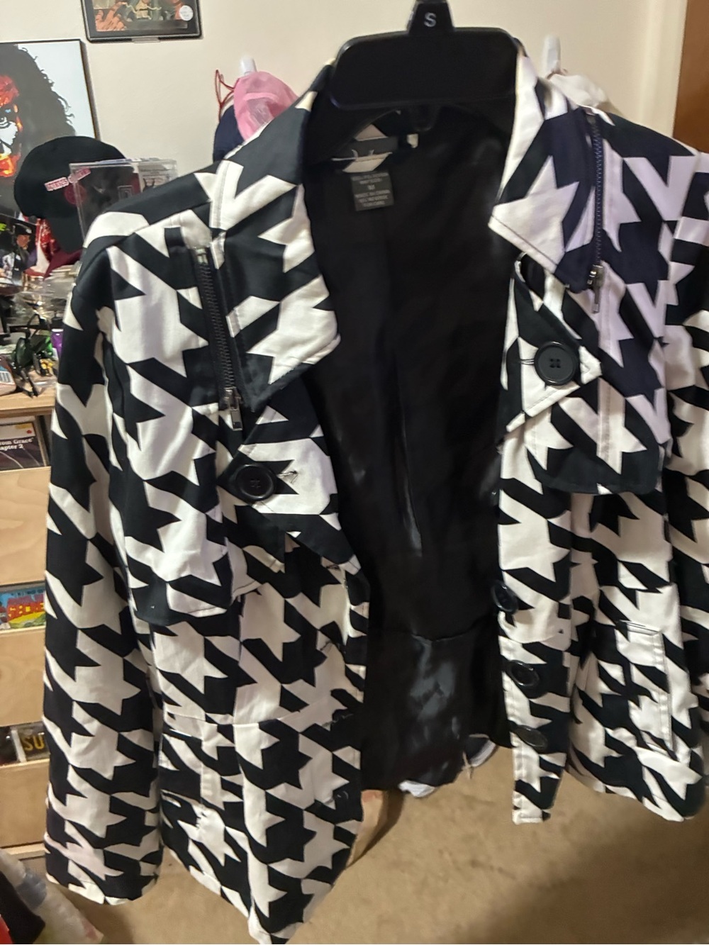 Dots Black and White Houndstooth Trench Coat